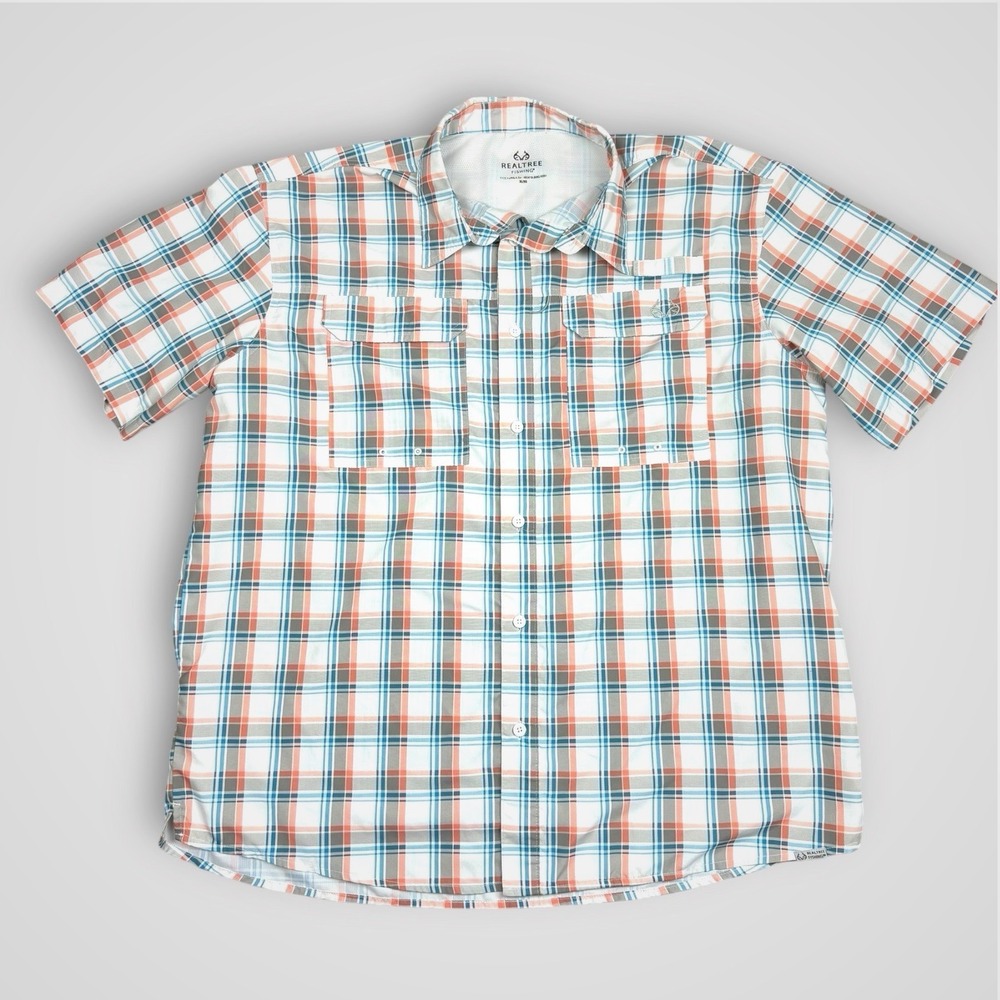 Realtree Fishing Mens XL Short Sleeve Button Down Plaid Performance Shirt Orange